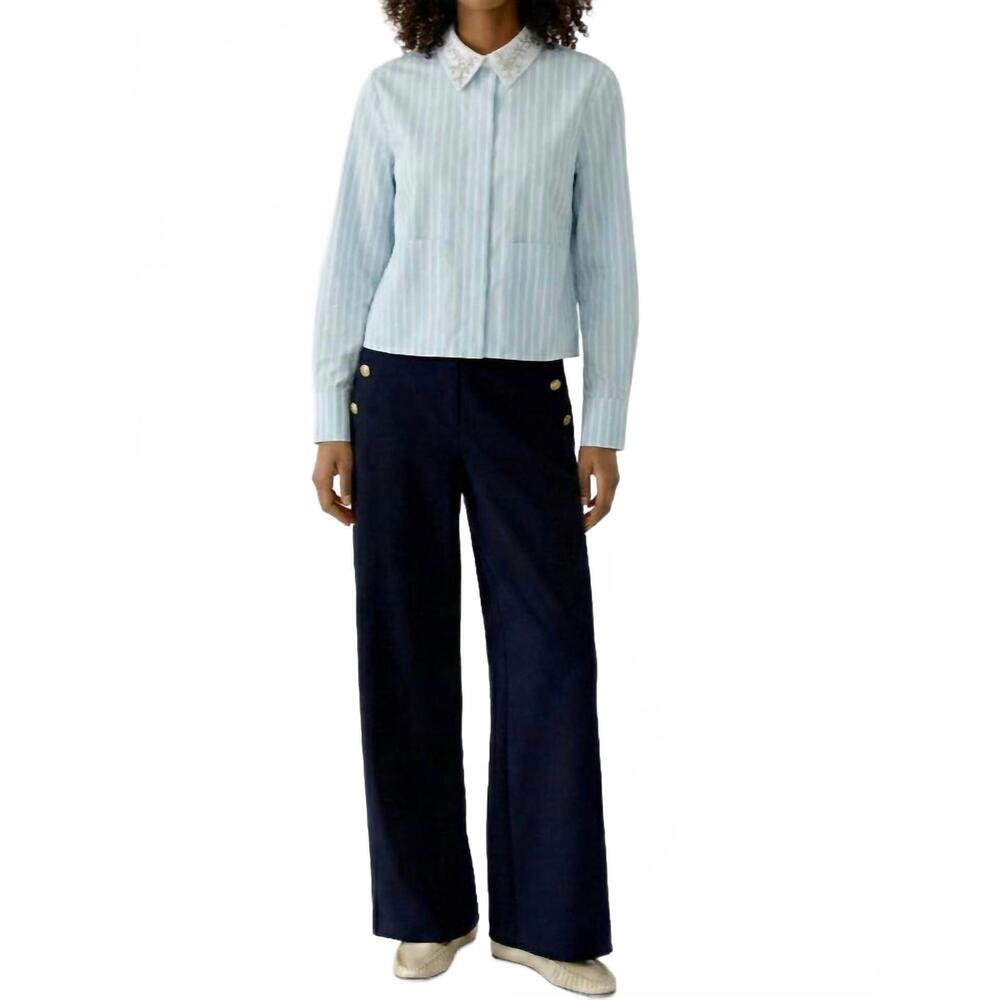 NEW OUI jewelled collar button down blouse in blue/white